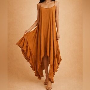 Talismán Boho Asymmetrical Midi Dress Rust Orange Size L NWT